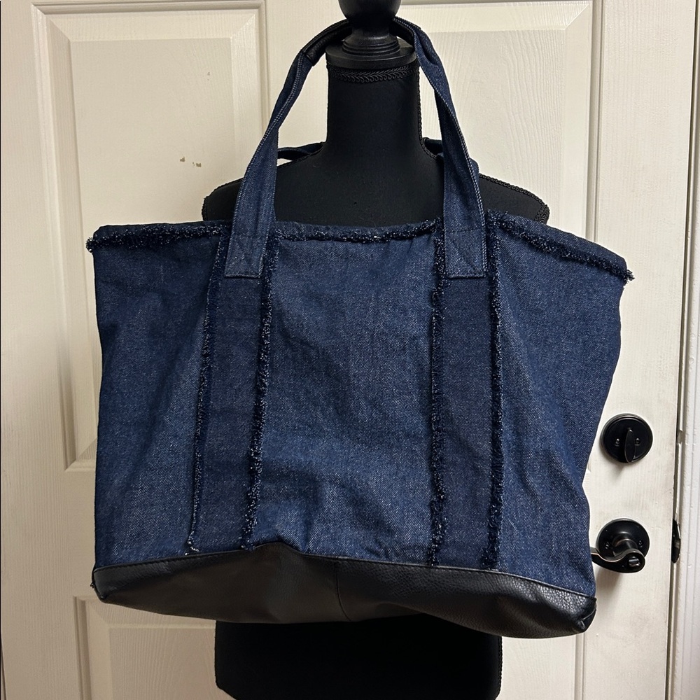 Tote, Dark blue Jean material with a black bottom, zipper pocket on interior - Picture 5 of 7